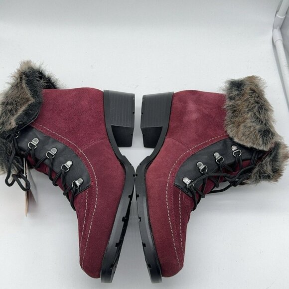 Sporto Holly Suede Boot Bootie Faux Fur Trim Burgundy Lace Up Block Heel 9 wide - Picture 4 of 12
